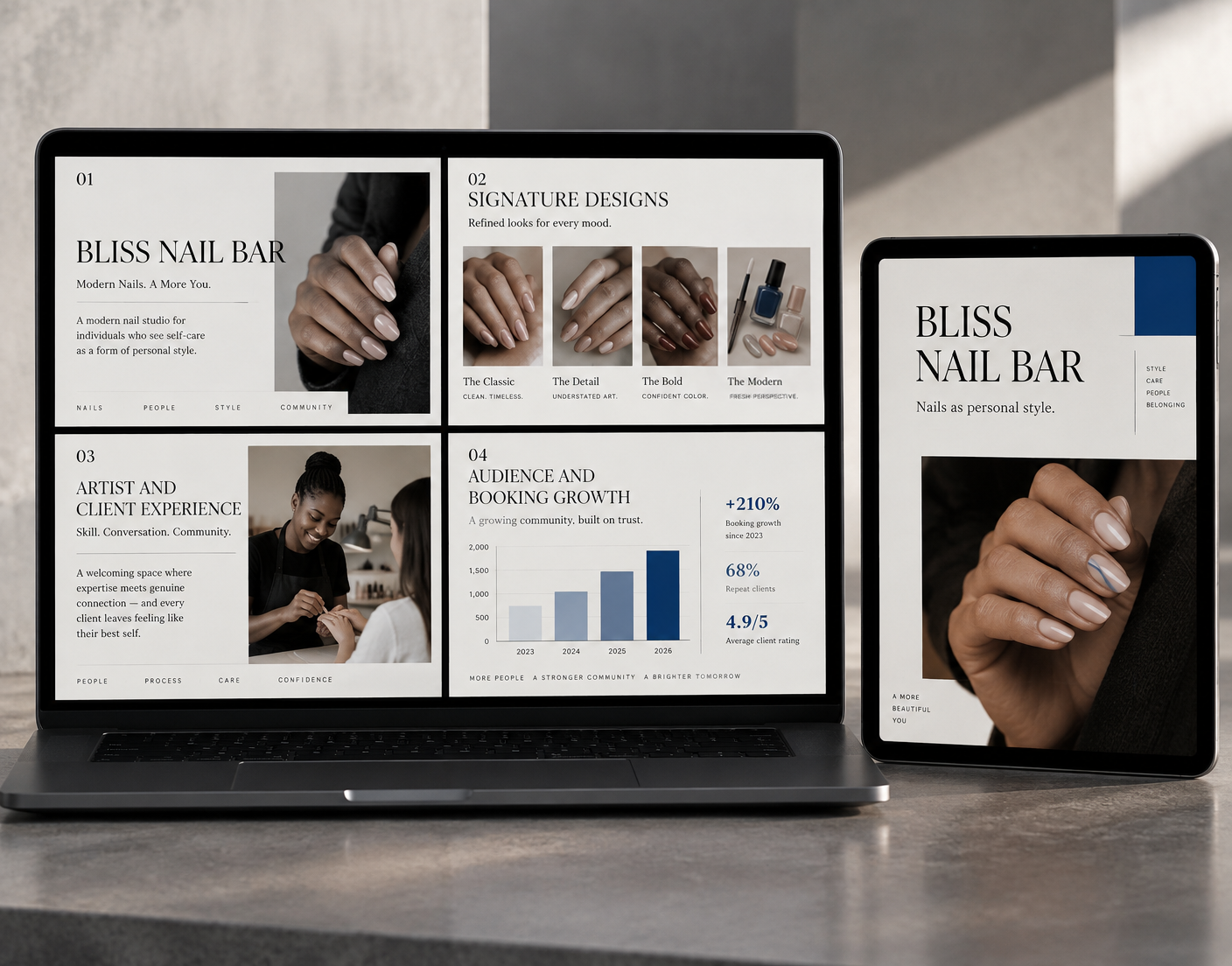Editorial Bliss Nail Bar presentation with signature nail designs, client experience, and booking growth slides
