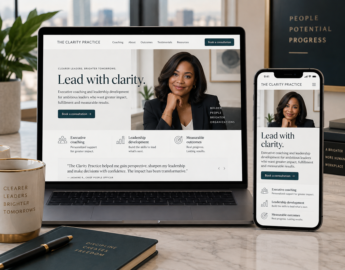 The Clarity Practice executive coaching website featuring a Black female leadership coach on laptop and phone