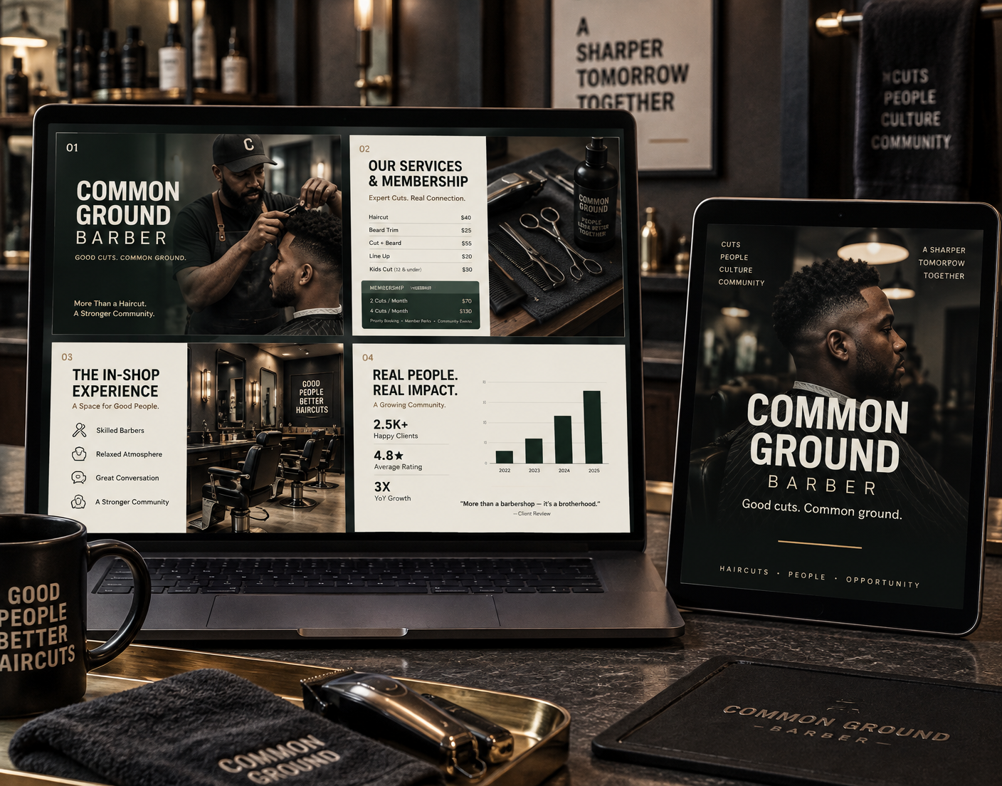 Common Ground Barber presentation showing a barber at work, service pricing, shop experience, and growth slides
