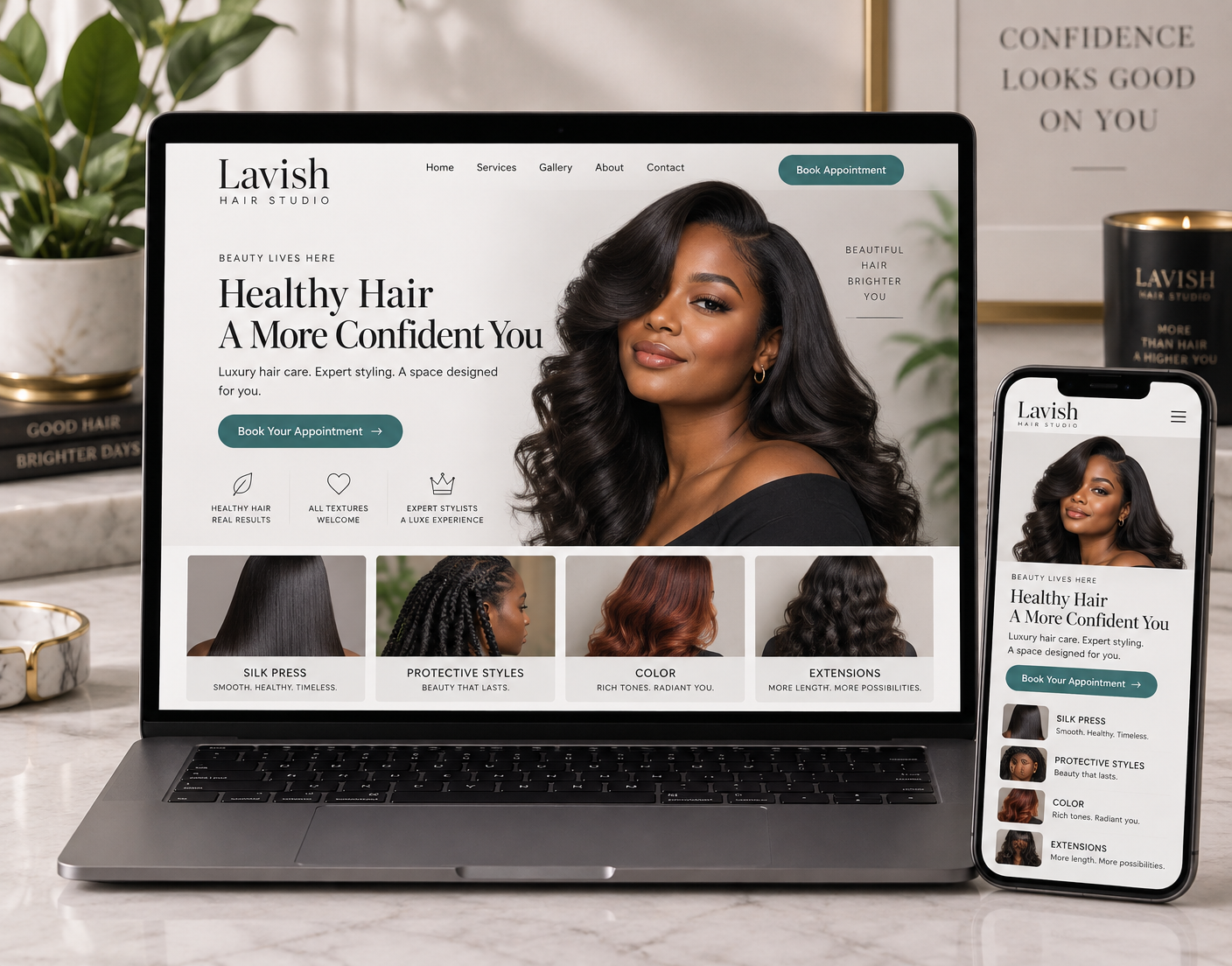 Lavish Hair Studio website mockups featuring a Black woman with styled natural hair on phone and laptop